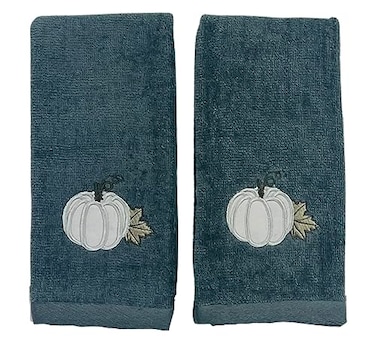Serafina Home Decorative Fall Harvest Hand Fingertip Towels Harvest Grey Pumkin on Grey Plush Soft Cotton Set of 2 12 x 18 Inches