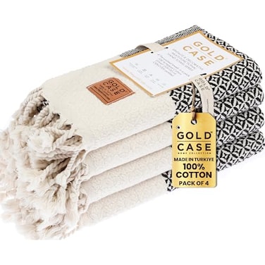 GOLD CASE Gold CASE Turkish Hand Towels for Bathroom Set of 4 20 x 40 100 Cotton Bathroom Towels Aphrodite Kitchen Small Towel for Spa Face Tea Dishcloth Decorative Patterned Weave Black