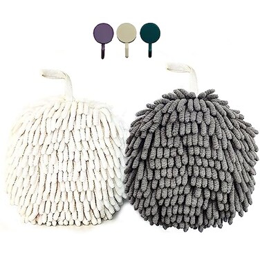 ACOCPOL Chenille Hand Towel Cute Flat Ball Shape Thickened Sponge Instant Absorbent QuickDrying Towel Kitchen Bathroom Hanging Convenient QuickDrying White Gray