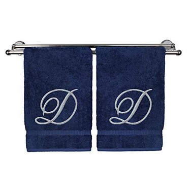 BC BARE Monogrammed Hand Towel Personalized Gift 16 x 30 inches Set of 2 Silver Embroidered Towel Extra Absorbent 100 Turkish Cotton Soft Terry Finish Bathroom Kitchen Spa Script D Navy
