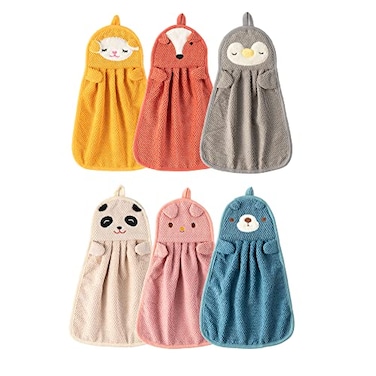 BATTILO HOME 6 Pack Cute Animal Kids Toddler Hand Towels with Hanging Loop Bathroom Hand Bath Towel Kitchen Towels Microfiber Absorbent Quick Dry Utility Towel for Home Bathroom