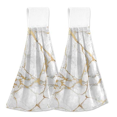 Selerdon Kitchen Hand Towel White Marble Hanging Tie Towels 2 Pieces Fast Dry Absorbent Soft Touch Used for Home Bathroom Decoration