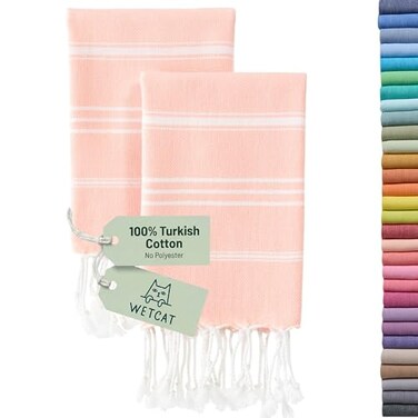 WETCAT Turkish Hand Towels with Hanging Loop Set of 2 20 x 30 100 Turkish Cotton PreWashed Quick Drying for Kitchen or Bathroom Peach