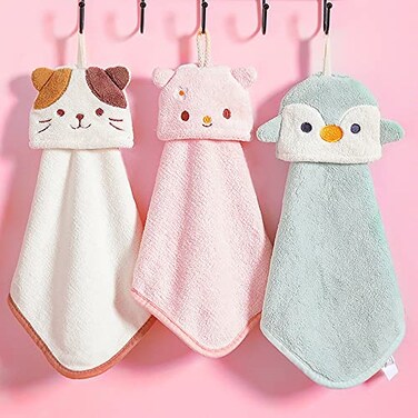 PRATIQUE 3 Pack Cute Hand Towels Bathroom Towels with Hanging Loop Children Hand Towel Animals Microfiber Coral Fleece Absorbent Hand Towel for Kitchen Bathroom Bedroom 3pcs