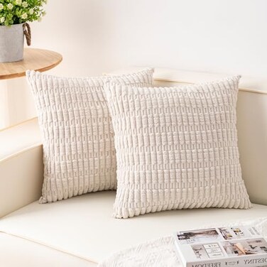 Aegero Pack of 2 Corduroy Decorative Throw Pillow Covers 20x20 InchSoft Boho Striped Pillow Covers Modern Farmhouse Home Decor for Sofa Living Room Couch BedCream White