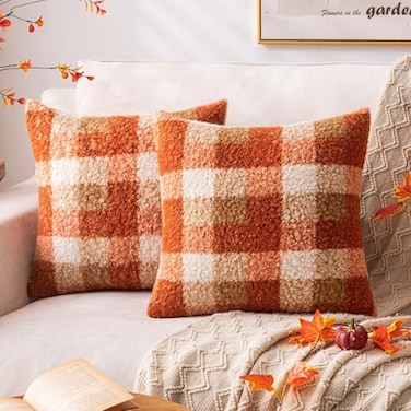 AQOTHES Orange Plaid Fall Throw Pillow Covers 20x20 Inch Set of 2 Boucle Decorative Pillow CoversCozy Fluffy Home Living Room Farmhouse Decor for Sofa Couch Bed