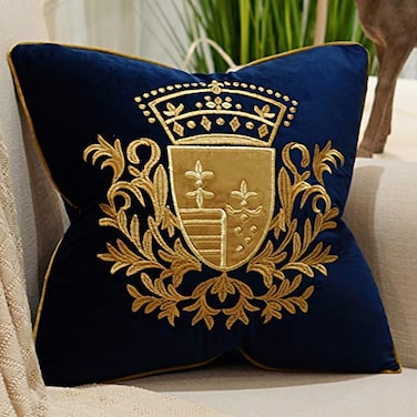 Avigers 20 x 20 Inch Embroidery Velvet Cushion Cover Shield Luxury European Pillow Case Pillowcase Home Decorative for Sofa Chair Bedroom Throw Pillow Navy Blue