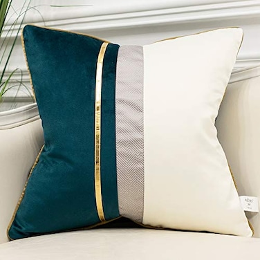 Avigers 20 x 20 Inches Teal White Gold Leather Striped Patchwork Velvet Cushion Case Luxury Modern Throw Pillow Cover Decorative Pillow for Couch Living Room Bedroom Car