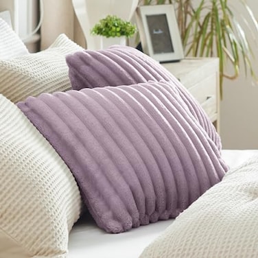Bedsure DoubleSide Striped Throw Pillow Covers 18x18 Set of 2 Spring Fluffy Light Purple Soft Decorative Pillow Covers Home Decor for Couch Sofa Living Room Bedroom