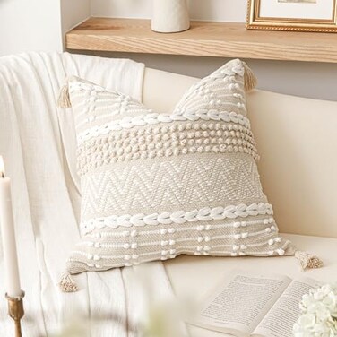 BlissBlush Boho Throw Pillow Cover 20X20 Decorative Accent Pillow for Couch Square Woven Textured Pillowcase Modern Boho Pillow for Bed Bohemian Pillow Cover Cream White Neutral Pack of 1