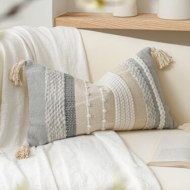 BlissBlush Decorative Lumbar Throw Pillow Cover 14x24 Boho Gray Accent Cushion for Couch Sofa Farmhouse Pillowcase for Bedroom Living Room Home Dcor Cover ONLY