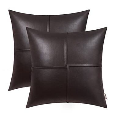 BRAWARM Faux Leather Throw Pillow Covers 16 X 16 Inches Seal Brown Leather Pillow Covers Pack of 2 Hand Stitched Leather Decorative Throw Pillows for Couch Sofa Bed Living Room Home Garden
