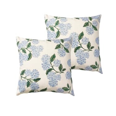 Btyrle Blue Hydrangea Flower Throw Pillow Covers 18x18 Inch Set of 2 Decorative Farmhouse Cotton Linen Floral Pillowcases Square Blue Floral Cushion Covers for Couch Sofa Cream White