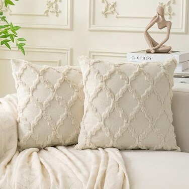 Cozoomy Set of 2 Soft Moroccan Throw Pillow Covers 18x18 Inch Plush Boho Decorative Pillow Cover Accent Cushion Case for Couch Sofa Bed Beige