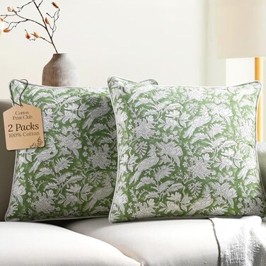 CPC COTTON CPC 100 Cotton Throw Pillow Covers 20x20 Inch Set of 2 Green Block Print Pattern Couch Pillow Cute Boho Decorative Pillows for Living Room Bedroom with Hidden Zipper Olive Green