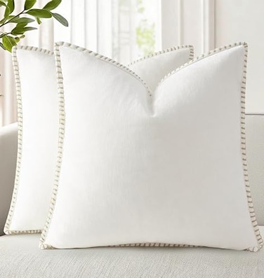 decorUhome Summer Chenille Soft Cozy Throw Pillow Covers 22x22 Set of 2 Modern Farmhouse Boho Velvet Decorative Euro Sham Pillow Cases with Stitched Edge for Couch Sofa Bed Home Decor Cream White
