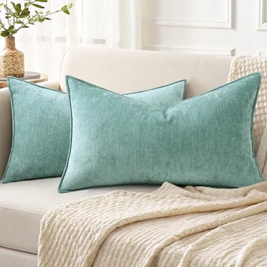 decorUhome Summer Couch Throw Pillow Covers 12x20 Set of 2 Decorative Soft Velvet Modern Cozy Chenille Lumbar Pillow Cases with Elegant Design for Sofa Bed Living Room Home Decor Aqua Haze