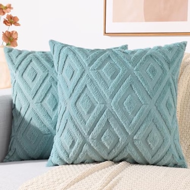 decorUhome Summer Couch Throw Pillow Covers 18x18 Set of 2 Decorative Soft Plush Faux Fur Wool Accent Pillow Covers for Modern Farmhouse Bed Sofa Living Room Light Teal