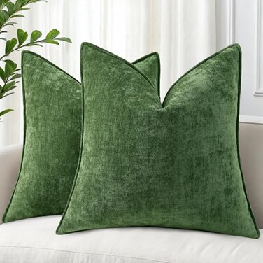 decorUhome Summer Couch Throw Pillow Covers 18x18 Set of 2 Decorative Soft Velvet Modern Cozy Chenille Pillow Cases with Elegant Design for Sofa Bed Living Room Home Decor Moss Green