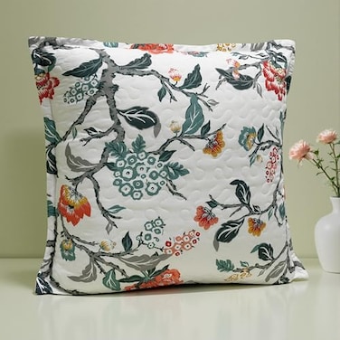 DriftAway Ada Floral Quilted Pillow Covers Set of 2 Botanical Leaf Flower Printed Decorative Square for Home Sofa Bedroom Bed Decor 26 x 26 Inches Ivory Orange Teal