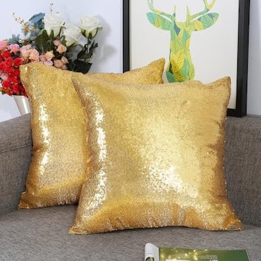 Eternal Beauty Set of 2 Sequin Decorative Pillow Cover Gold Pillow Covers for Couch Sofa Throw Pillows 20 X 20 Inches