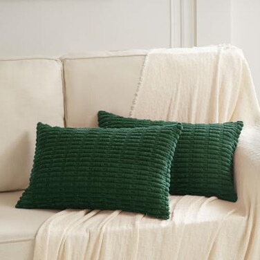 Fancy Homi 2 Packs Boho Dark Green Decorative Throw Pillow Covers 12x20 Inch for Couch Bed Sofa Rustic Modern Farmhouse Home Decor Soft Plush Corduroy Cute Square Cushion Case 30x50 cm