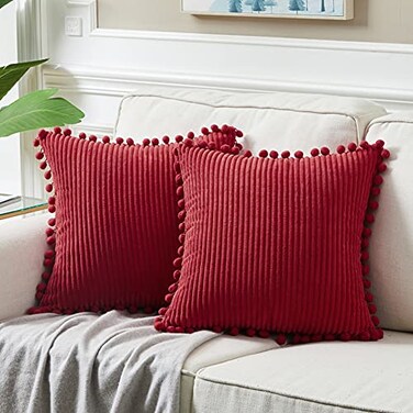 Fancy Homi 2 Packs Burgundy Decorative Throw Pillow Covers 16x16 Inch with Pom poms Christmas Home Decor Soft Corduroy Accent Square Cushion Case for Living Room Couch Bed Sofa 40x40 cm
