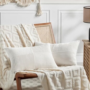 Fancy Homi 2 Packs Cream White Lumbar Decorative Throw Pillow Covers 14x24 Inch for Couch Bed Sofa Rustic Farmhouse Boho Home Decor Soft Striped Corduroy Rectangle Accent Cushion Case 35x60 cm