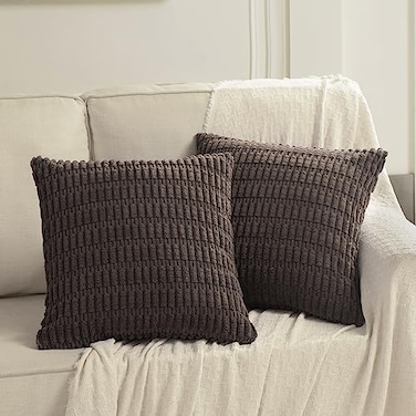 Fancy Homi 2 Packs Dark Brown Decorative Throw Pillow Covers 16x16 Inch for Living Room Couch Bed Sofa Rustic Farmhouse Boho Home Decor Soft Striped Corduroy Square Cushion Case 40x40 cm