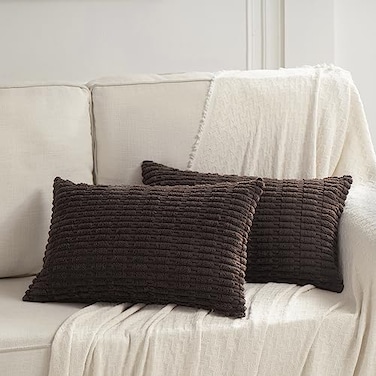 Fancy Homi 2 Packs Dark Brown Lumbar Decorative Throw Pillow Covers 12x24 Inch for Living Room Couch Bed Sofa Rustic Farmhouse Boho Home Decor Soft Striped Corduroy Rectangle Cushion Case 30x60 cm