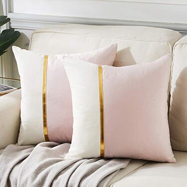 Fancy Homi 2 Packs Decorative Throw Pillow Covers 20x20 Inch for Living Room Couch Bedroom Blush Pink and White Velvet Patchwork with Gold Leather Luxury Modern Home Decor Cute Cushion Case 50x50 cm