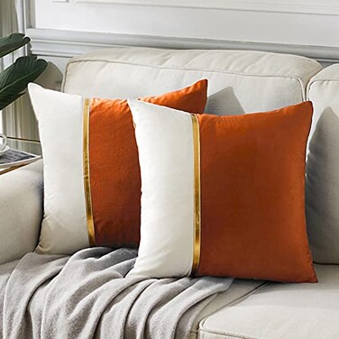 Fancy Homi 2 Packs Fall Decorative Throw Pillow Covers 18x18 Inch for Living Room Couch Bed Brunt Orange and White Velvet Patchwork with Gold Leather Luxury Home Decor Square Cushion Case 45x45 cm