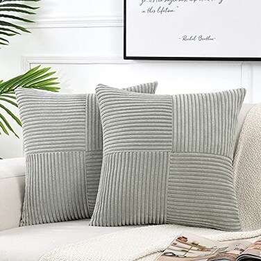 Fancy Homi 2 Packs Grey Decorative Throw Pillow Covers 20x20 Inch for Living Room Couch Bed Sofa Rustic Farmhouse Boho Home Decor Soft Corss Corduroy Patchwork Accent Square Cushion Case 50x50 cm
