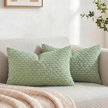 Fancy Homi 2 Packs Sage Green Long Lumbar Decorative Throw Pillow Covers 14x24 Inch for Couch Bed Sofa Modern Farmhouse Boho Home Decor Soft Cute Plush Corduroy Rectangle Cushion Case 35x60 CM