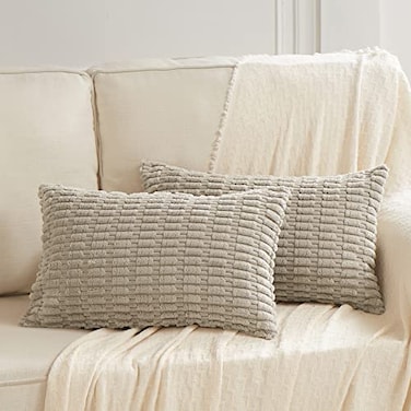 Fancy Homi 2 Packs Taupe Lumbar Decorative Throw Pillow Covers 12x24 Inch for Living Room Couch Bed Sofa Rustic Farmhouse Boho Home Decor Soft Striped Corduroy Rectangle Cushion Case 30x60 cm