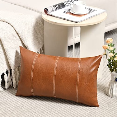 Fancy Homi Brown Boho Lumbar Faux Leather Decorative Throw Pillow Covers 16x24 Inch for Living Room Couch Bed Sofa Hand Stitched Rectangle Cushion Case 40x60 cm Rustic Modern Farmhouse Home Decor