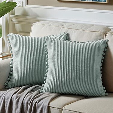 Fancy Homi Pack of 2 Farmhouse Boho Decorative Throw Pillow Covers with Pompoms Soft Corduroy Solid Square Cushion Cases Set for Couch Sofa Bedroom Car Living Room 20x20 Inch50x50 cm Grey Blue