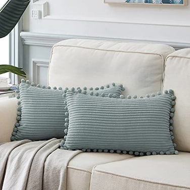 Fancy Homi Pack of 2 Farmhouse Lumbar Decorative Throw Pillow Covers with Pompoms Soft Corduroy Solid Rectangle Cushion Cases Set for Couch Sofa Bedroom Living Room 14x24 Inch35x60 cm Grey Blue