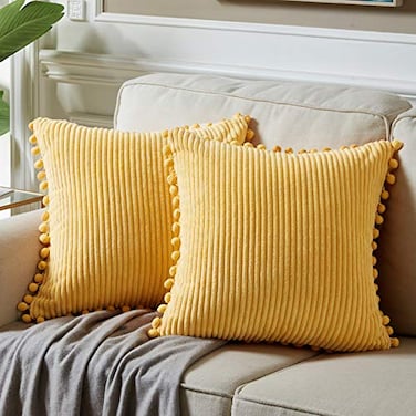 Fancy Homi Pack of 2 Yellow Decorative Throw Pillow Covers 20x20 with Pompoms Soft Corduroy Accent Solid Square Cushion Cases Set for Couch Sofa Bedroom Car Living Room 20x20 Inch50x50 cm Yellow