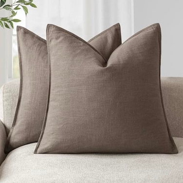 Foindtower Set of 2 Decorative Linen Solid Throw Pillow Covers Soft Accent Euro Cushion Case Farmhouse Neutral Pillowcase for Chair Couch Sofa Bedroom Living Room Home Decor 26 x 26 Inch Light coffee
