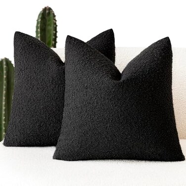 Foindtower Set of 2 Decorative Textured Boucle Throw Pillow Covers Accent Solid Pillow Cases Neutral Soft Couch Cushion Case for Chair Sofa Bedroom Living Room Home Decor 24 x 24 Inch Black
