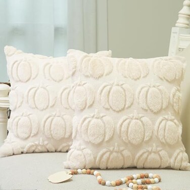 GEEORY Fall Pumpkins Soft Plush Pillow Covers 18 x 18 Inch Set of 2 Fluffy Faux Fur Wool Decorative Farmhouse Cushion Case for Sofa Home Decoration Beige Pumpkin GC02018