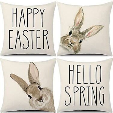 GTEXT Set of 4 Easter Decor Happy Easter Pillow Covers 18 x 18 Inches Spring Decor Easter Bunny Pillow Chusion Covers