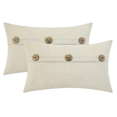 HWY 50 Cream White Chenille Throw Pillow Covers 12x20 Inch with Triple Buttons Soft Farmhouse Accent Decorative Cushion Cases for Couch Sofa Bed Living Room Pack of 2 Rectangle