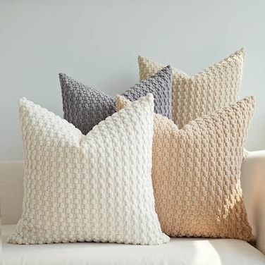 JOJUSIS Pack of 4 Decorative Throw Pillow Covers Farmhouse Boho Home Decor Striped Corduroy Square Pillowcases Neutral 18 x 18 Inch