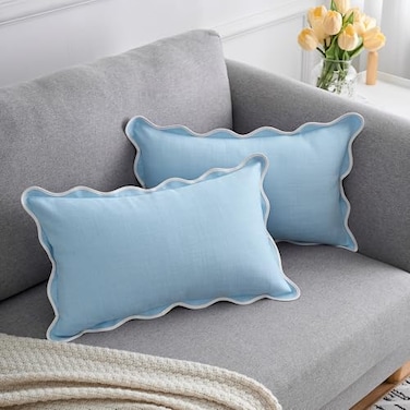 Mayler Yee Scalloped Pillow Covers Set of 2 for Living Room Spring Decorative Sofa Couch Lumbar Pillows Boho Sytle Decorative Home Aesthetic Funky Preppy Pillow Cases Blue 12x20 Inch