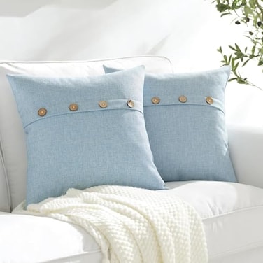 Meekio Set of 2 Baby Blue Pillow Covers 22 x 22 Linen Pillow Covers with Coconut Buttons Farmhouse Dcor Housewarming Gifts