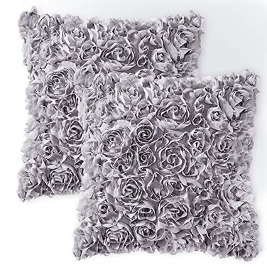 MIULEE 3D Rose Flower Pillow Covers Pack of 2 Decorative Spring Floral Romantic Stereo Chiffon Aesthetic Solid Pillowcase for Girl Bedroom Living Room Decor 16x16 Inch Grey