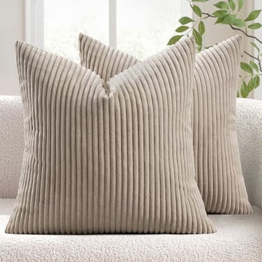 MIULEE Decorative Corduroy Pillow Covers Soft Solid Pack of 2 Cushion Cases Boho Square Throw Pillow Covers Light Brown Farmhouse Pillowcases for Couch Sofa Bed Living Room Home Decor 18 x 18 Inch