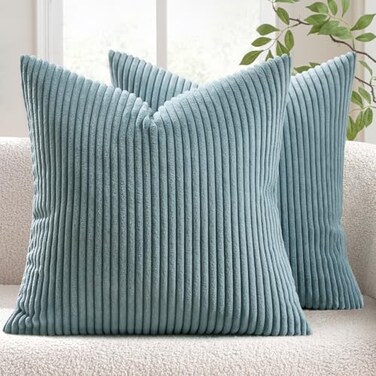 MIULEE Decorative Corduroy Pillow Covers Soft Solid Pack of 2 Cushion Cases Boho Square Throw Pillow Covers Smoky Blue Coastal Pillowcases for Couch Chair Sofa Bed Living Room Home Decor 18 x 18 Inch